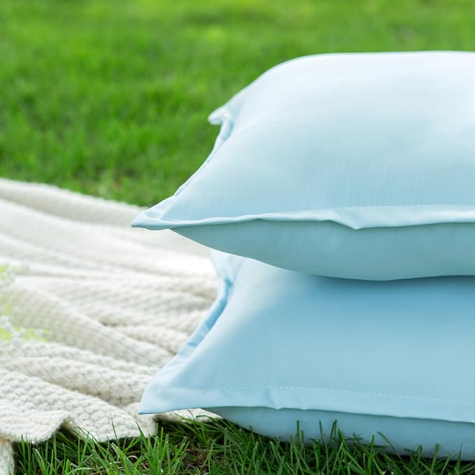 LIGICKY Light Blue Outdoor Waterproof Pillow Covers 18x18 Inch Pack of 2 Decorative Square Solid Color Pillows with Wide Edge Cushion Cover for Patio Tent Garden Couch Balcony