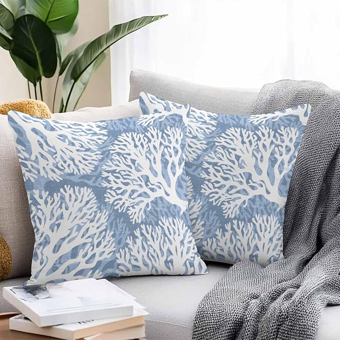Outdoor Pillow Covers 18x18 Inch Set of 2, Lake Blue Coral Coastal Waterproof Throw Pillow Covers, Summer Beach Nautical Ocean Decorative Cushion Pillowcases for Couch, Sofa, Bed, Garden, Patio