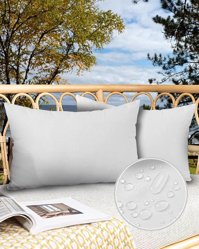 Outdoor Waterproof Pillow Covers for Patio Furniture Pure White Decorative Throw Pillow Cover Solid Color Pillowcases Set of 2 Cushion Case for Sofa Couch Chair Home Decor 20x12 inch x 2pcs