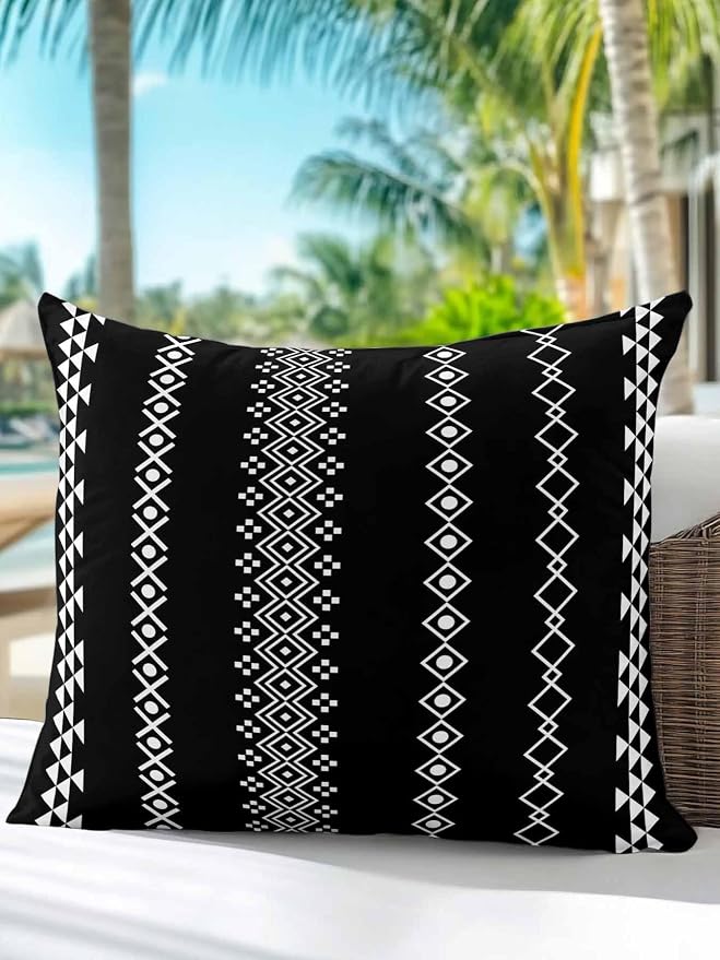 Outdoor Waterproof Throw Pillows 18x18in, Traditional Tribal White Diamond Patio Pillows Pack of 1, Decorative Pillow Covers with Insert, Pillow Cushion Case for Garden Boho Geometric on Black