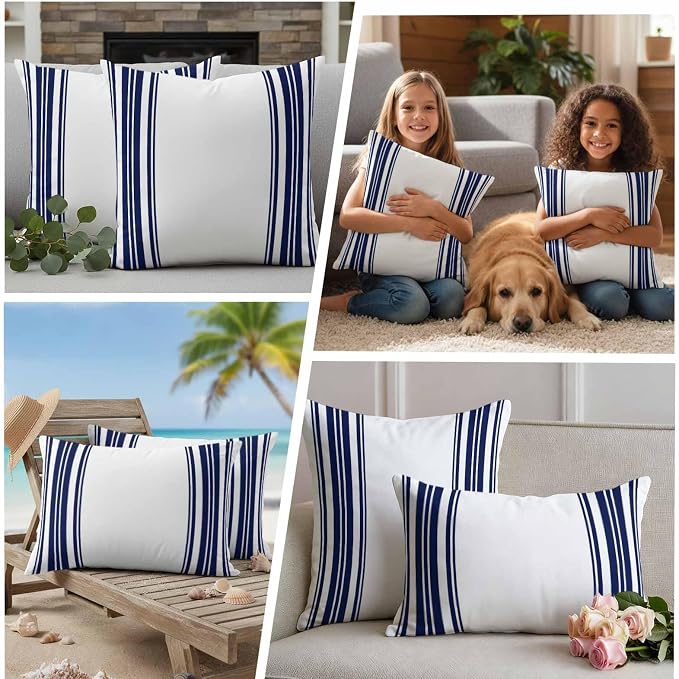 Outdoor Waterproof Throw Pillow Covers Set of 2 Navy Blue Stripes Pillowcases 18x18 Inches White Vertical Striped Decorative Pillows Cushion Case Patio Pillows for Couch Bed Chair Garden