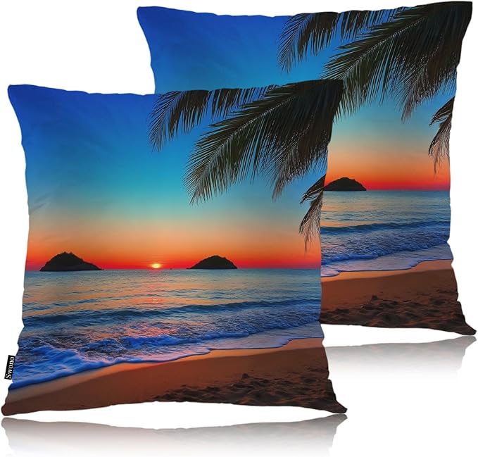 Swono Ocean Beach Set of 2 Throw Pillow Covers Hawaii Ocean Sea Palm Tree Sunset 18x18 Inches Pillow Cases Standard Cushion Cover Square Pillowcases for Men Women Decorative Home Bed Sofa