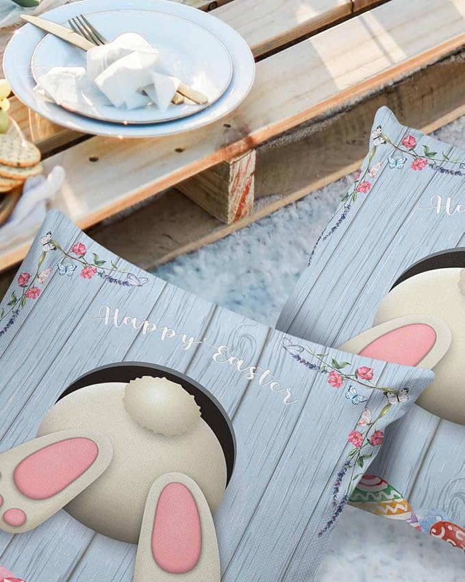 Vandarllin Outdoor Throw Pillows Covers 18X18 Set of 2 Waterproof Bunny Butt Easter Eggs Decorative Zippered Lumbar Cushion Covers for Patio Furniture, Spring Flower Wood Grain