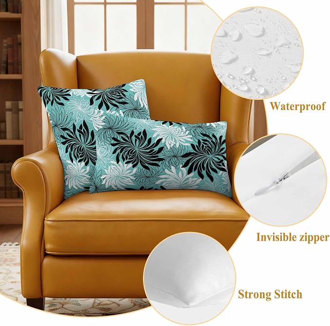 Yukro Teal Black Floral Outdoor Waterproof Pillow Covers Pack of 2, Vintage Teal White Black Flower Decorative Throw Pillowcases Cushion Covers for Garden Patio Tent Sofa Couch, 24x24 inch
