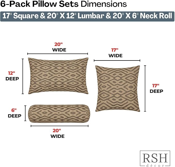 RSH DECOR Set of 6 Outdoor Pillow, Outdoor Pillows for Patio, Pillows w/Polyester Pillow Cases | Water & Fade Resistant Fabric | 17" Square, 20x12 Lumbar, 20x6 Neck Roll - Madura Mink