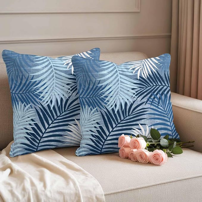 Outdoor Waterproof Throw Pillow Covers, Navy Blue Palm Leaves Decorative Pillow Cases, Summer Botanical Tropical Leaf Couch Pillow Protector Patio Sofa Cushion Covers Replacement 20"x20" 2 Pack