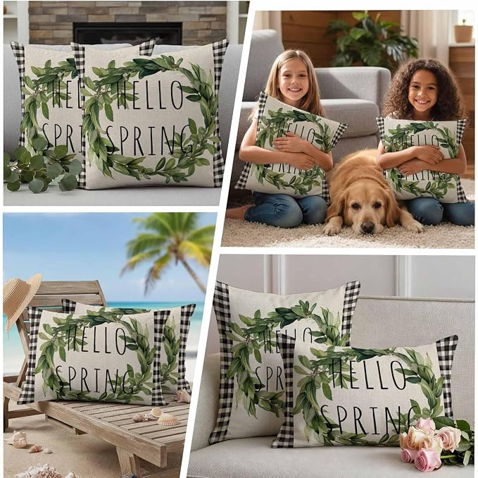 Hello Spring Outdoor Pillow Covers Pack of 2 Green Leaf Plant Black Plaid Vintage Linen Texture Waterproof Throw Pillow Covers Decorative Cushion Cases for Patio Garden Tent Balcony Couch 18x18 inch