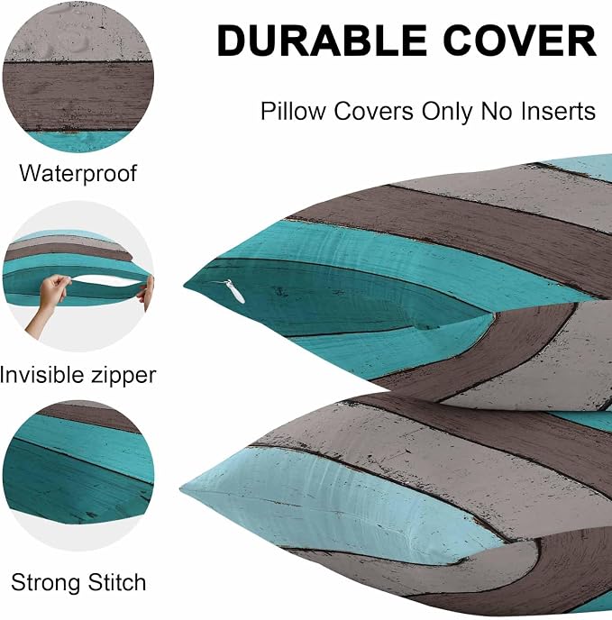 Outdoor Throw Pillow Covers 18X18 Set of 2 Waterproof Ombre Peacock Blue Gray Decorative Zippered Cushion Covers for Patio Furniture, Farmhouse Retro Rustic Barn Wood Texture Lumbar Pillowcases