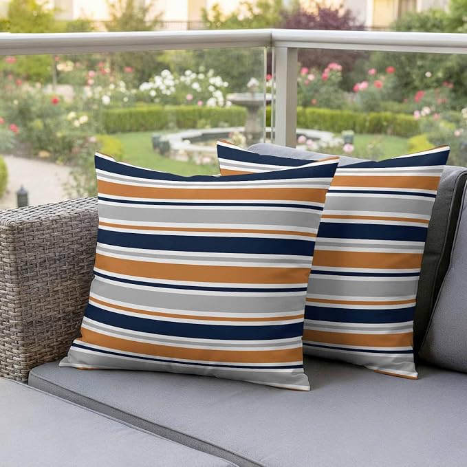 Outdoor Pillow Covers 26 x 26 Inches, Orange Grey Striped Waterproof Throw Pillow Cover Set of 2, Farmhouse Stripes Modern Abstract Art Decorative Square Cushion Covers for Patio/Couch/Garden