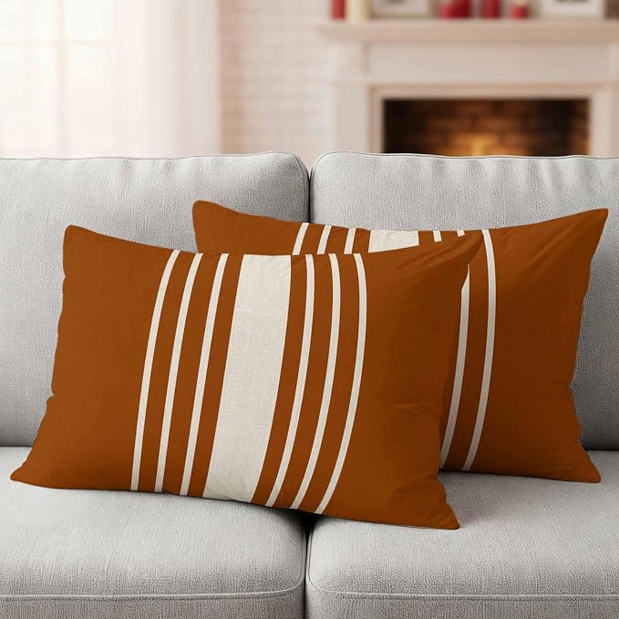 Lumbar Pillow Covers 20x12 Inch Set of 2, Burnt Orange Beige Striped Waterproof Outdoor Cushion Covers, Modern Farmhouse Retro Lines Decorative Pillowcases for Couch, Sofa, Bed, Garden, Patio