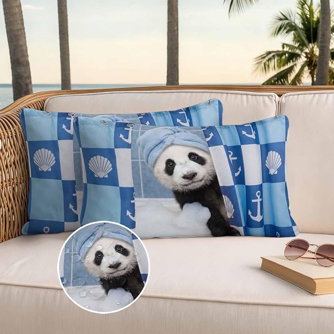 Bathing Panda Waterproof Outdoor Pillow Covers Set of 2 Home Decor, Funny Animal Showering Lumbar Pillowcase Patio Pillow Covers for Couch Bench Patio Furniture Garden 20x12in
