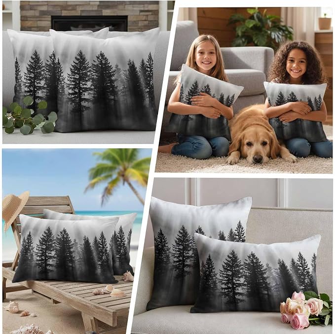 Black Forest Mist Scenery Outdoor Pillow Covers 16"x16" Set of 2, Nature Pine Trees Sunbeams Modern Waterproof Throw Pillow Covers for Patio Furniture, Decorative Cushion Covers for Porch