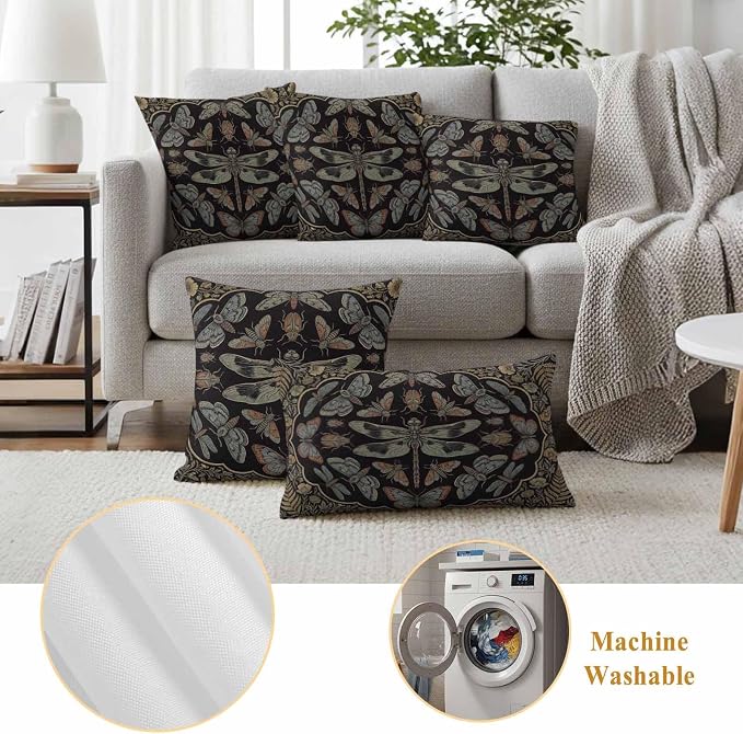 Vintage Dragonfly Outdoor Waterproof Throw Pillow Covers 16 x 16 Inches Set of 2 Butterfly Moth Insects Summer Black Decorative Cushion Cover Pillowcase for Garden Patio Tent Beach Sofa Couch