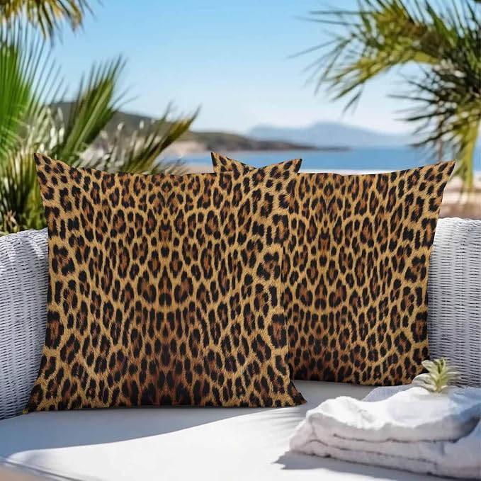 Vandarllin Outdoor Throw Pillows Covers 24x24 inch Set of 2 Waterproof Leopard Print Decorative Zippered Cushion Covers for Patio Furniture, Retro Animal Fur Pattern Lumbar Pillowcases