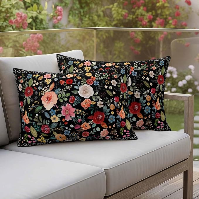 Watercolor Flowers Waterproof Outdoor Pillow Covers 20''x12'' Set of 2, Farmhouse Floral Patio Furniture Black Cushion Covers for Chairs, Decorative Vintage Wildflowers Pillow Cases for Garden/Pool