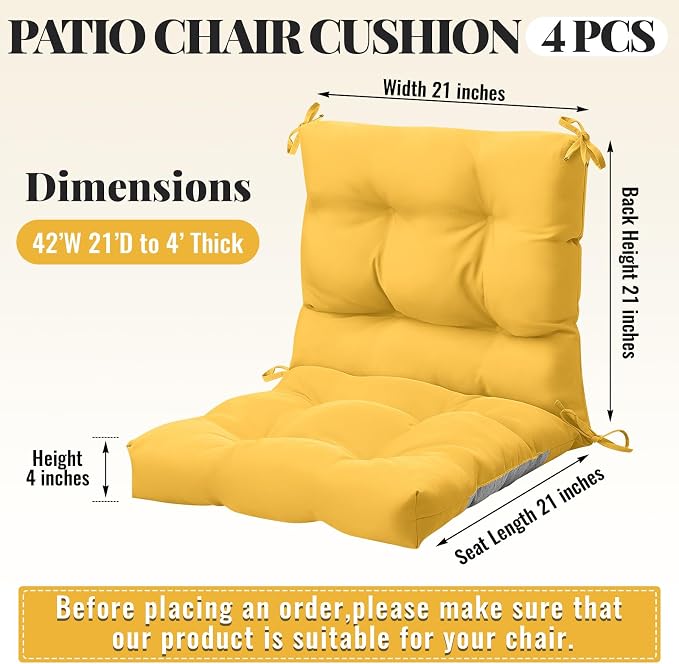 Marsui 4 Pcs Outdoor Indoor High Back Chair Cushions Patio Furniture Tufted Pillow with Ties Water-Resistant Replacement Outdoor Rocking Chair Cushions, 42 x 21 Inches (Yellow,Solid Color)