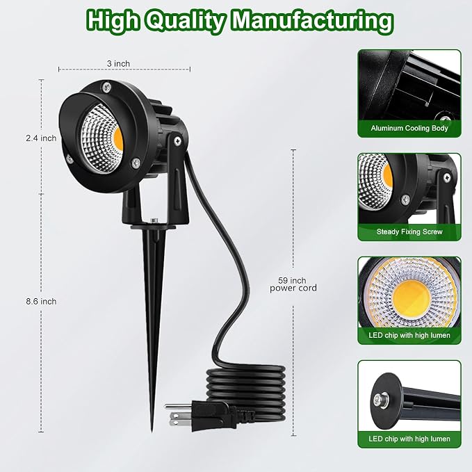 Romwish 12 Pack LED Landscape Spotlights, 120V Plug-in Outdoor Lighting | 12W 1200LM Brightness with 3000K Warm White, IP65 Waterproof, Adjustable head & 60° Beam for Tree Garden Pathway Yard