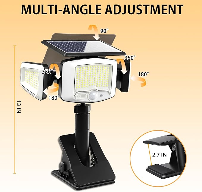 Clip-On Solar Light, Motion Sensor Outdoor Light with Stake, 1 Pack | In-Ground, Clamp or Wall Mount, IP65 Waterproof, USB Charging Supported, Solar Flood Light for Yard, Deck, Fence, Pathway