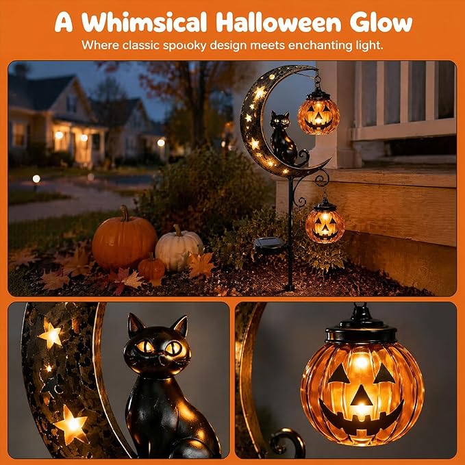 Solar Halloween Black Cat & Pumpkin Moon Garden Stake Light, Outdoor Waterproof LED Yard Decoration with Crescent Moon, Hanging Jack-o'-Lantern Lantern for Garden, Patio, Walkway, Porch(Style C)