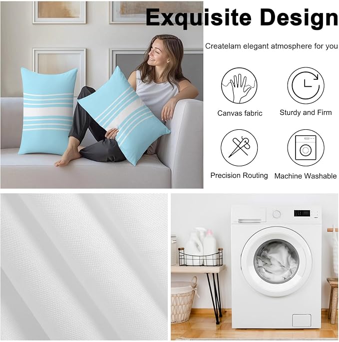 Aqua White Stripe Outdoor Pillow Covers 20x12 Inch Lumbar Pillow Covers Set of 2 Waterproof Decorative Throw Pillow Cases Modern Rustic Vertical Striped Cushion Covers for Patio Furniture Garden Couch