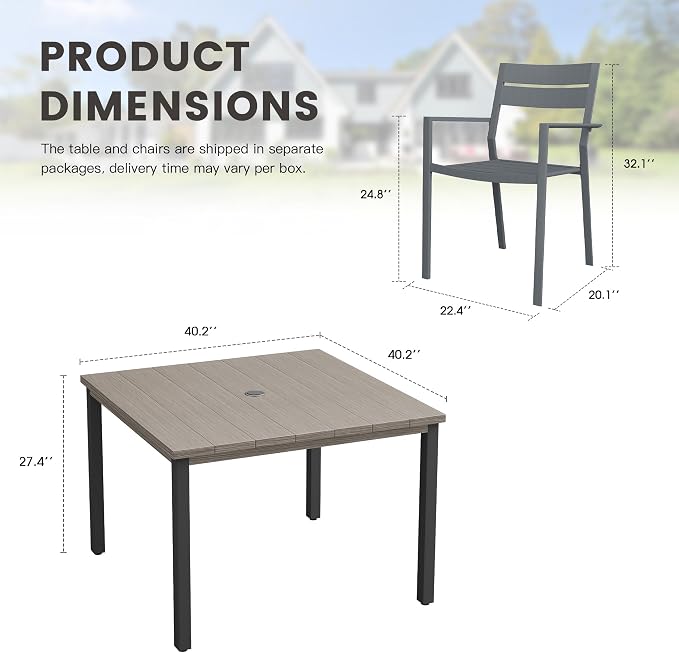 Patio Dining Set for 4, 40.2" Outdoor Dining Table and Chairs Set with Stackable Patio Chairs Outdoor Furniture for Garden Deck Backyard, Grey Table and Grey Chairs