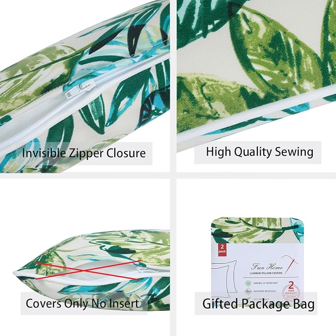 Waterproof Outdoor Lumbar Pillow Covers Set of 2,Home Decor for Garden Patio Furniture,Couch,Sofa 12"x20" Inch Decorative Pillows Cover Only,NO Insert(Palm Leaf)