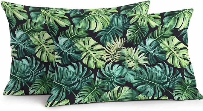Palm Leaf Waterproof Outdoor Pillow Covers Set of 2 Home Decor, Green Tropical Plant Summer Nature Scenery Pillowcase Patio Pillow Covers for Couch Bench Furniture Garden 20x12in