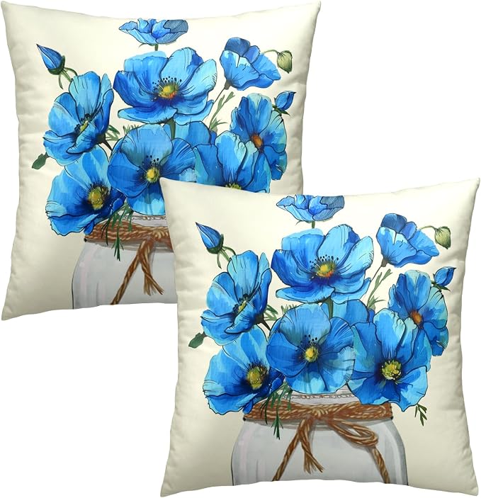 Watercolor Poppies Throw Pillow Covers 20 x 20 in Set of 2 - Beautiful Blue Flower Mason Jar Vintage Accent Square Cotton Linen Pillowcase for Couch Bed Sofa Home Decor