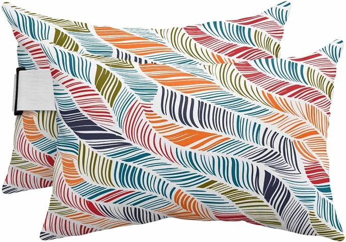 Abstract Stripes Outdoor Pillows with Insert 11x16 Inch Red Orange Blue Gradient Wavy Lines Leaf Waterproof Headrest Pillows with Adjustable Strap Lounger Chair Throw for Patio Furnitures , 2 Pack