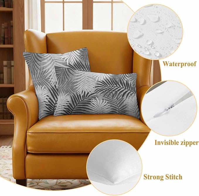 Outdoor Waterproof Throw Pillow Covers, Grey Palm Leaves Decorative Pillow Cases, Summer Botanical Tropical Leaf Couch Pillow Protector Patio Sofa Cushion Covers Replacement 24"x24" 2 Pack