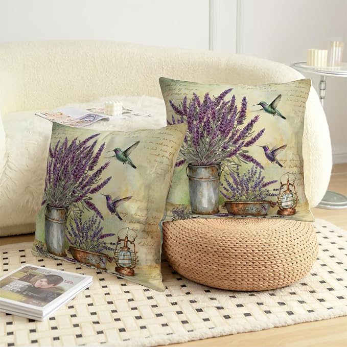 Lavender Pillow Covers Purple Flower Rustic Pillow Covers 16x16 Set of 2 Lavender Hummingbird Pillow Case Spring Vintage Cotton Linen Cushion Case for Garden Farmhouse Patio