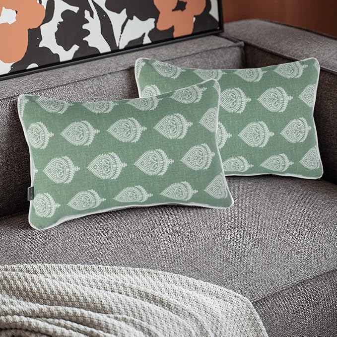 FUNHOME Outdoor Lumbar Pillow with Insert 12x20 Inch Pack of 2-Fair Green | Outdoor Pillows for Patio Furniture, Water-Repellent, Decorative Garden Pillows for Home Patio Coach Sofa Use