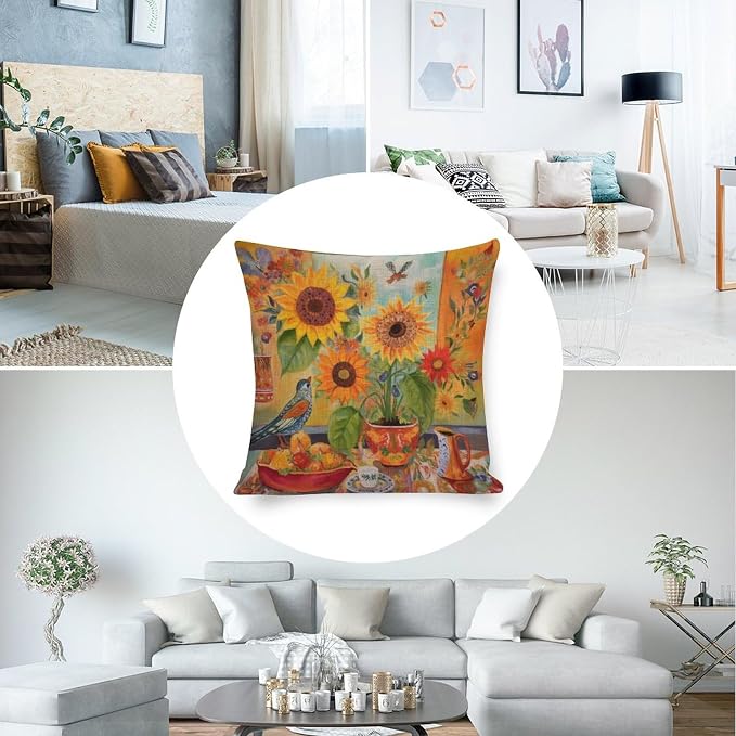 Pillow Covers Standard Size Colorful Painting of Sunflowers Pillow Case 20"x20" Retro Yellow Flower Throw Pillow Covers Pillowcase for Couch Sofa Bedroom Car Living Room Cutton Linen Cushion Cases