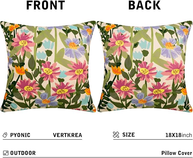 Pyonic Outdoor Pillows Waterproof Cover Pack of 2 Floral Waterproof Throw Pillows 18x18 inch for Patio Furniture Garden Furniture
