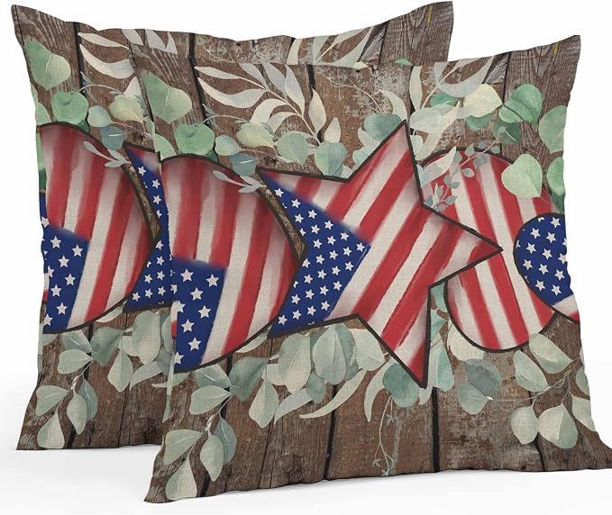 4th of July Waterproof Outdoor Pillow Covers Set of 2 Home Decor, Vintage Eucalyptus Leaf Stars Stripes Flag Pillowcase Patio Pillow Covers for Couch Bench Furniture Garden 26x26in
