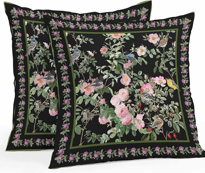 Vandarllin Outdoor Throw Pillows Covers 20x20 inch Set of 2 Waterproof Pink Floral Bird Decorative Zippered Cushion Covers for Patio Furniture, Green Leaves Branches Black Lumbar Pillowcases