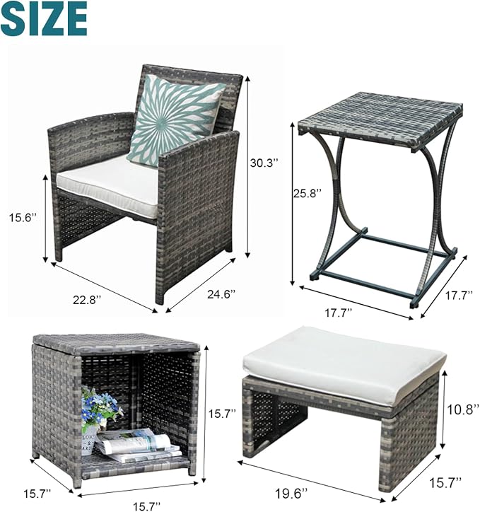 OC Orange-Casual 6 Piece Patio Furniture Conversation Set with Ottoman, Outdoor Grey Wicker Chair and Table Set, Balcony Furniture for Apartments, White