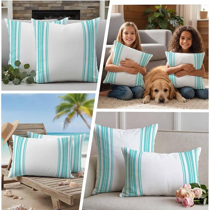 Outdoor Waterproof Throw Pillow Covers Set of 2 Turquoise Stripes Pillowcases 24x24 Inches White Vertical Striped Decorative Pillows Cushion Case Patio Pillows for Couch Bed Chair Garden