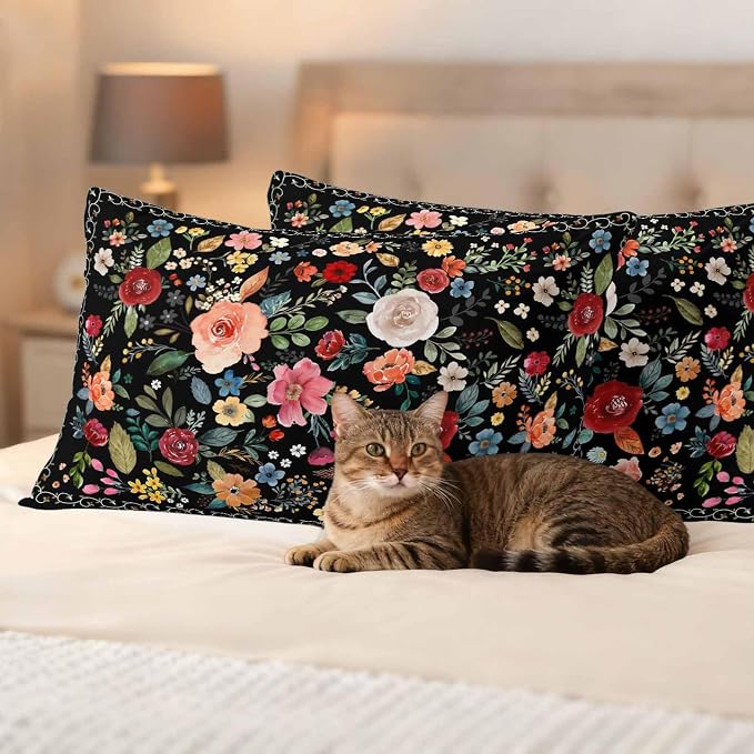 Watercolor Flowers Waterproof Outdoor Pillow Covers 20''x12'' Set of 2, Farmhouse Floral Patio Furniture Black Cushion Covers for Chairs, Decorative Vintage Wildflowers Pillow Cases for Garden/Pool