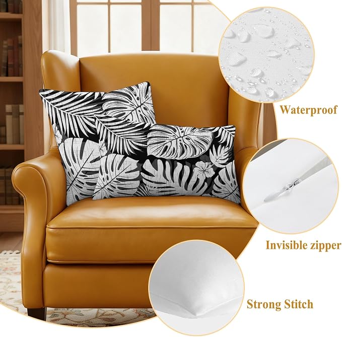 Black Palm Leaves Outdoor Pillow Covers 26"x26" Set of 2, Tropical Botanical Minimalist Modern Waterproof Throw Pillow Covers for Patio Furniture, Decorative Cushion Covers for Porch