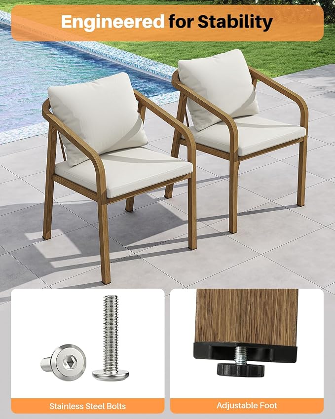 Never-Rust Aluminum Outdoor Dining Chairs Set of 2, Patio Dining Chairs with Thick Cushion, Outdoor Patio Chairs with Wraparound Backrest and Curved Armrest for Backyard, Lawn, Deck, Teak