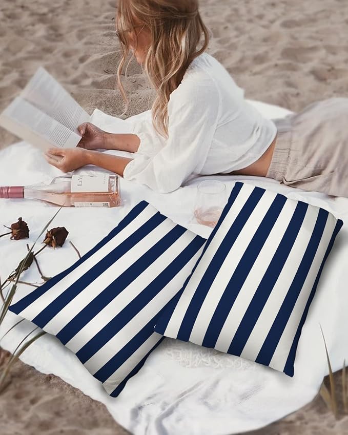 Simple Navy Blue White Stripes Outdoor Pillow Covers Set of 2,Decorative Waterproof Throw Pillow Case, Nautical Theme Stripe Cotton Linen Soft Cozy Cushion Pillowcases