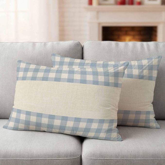 Retro Blue Outdoor Waterproof Pillow Covers, Farmhouse Buffalo Plaid Vintage Beige Decorative Rectangle Throw Pillowcase Sofa Cushion Sham for Patio/Couch/Chair, 20"x12" 2 Pack