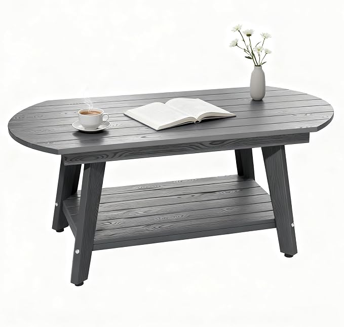 HIPS Outdoor Patio Furniture Coffee Table, All-Weather Outdoor Coffee Table, Modern Rectangle Coffee Table for Balcony, Garden, Slanted Leg