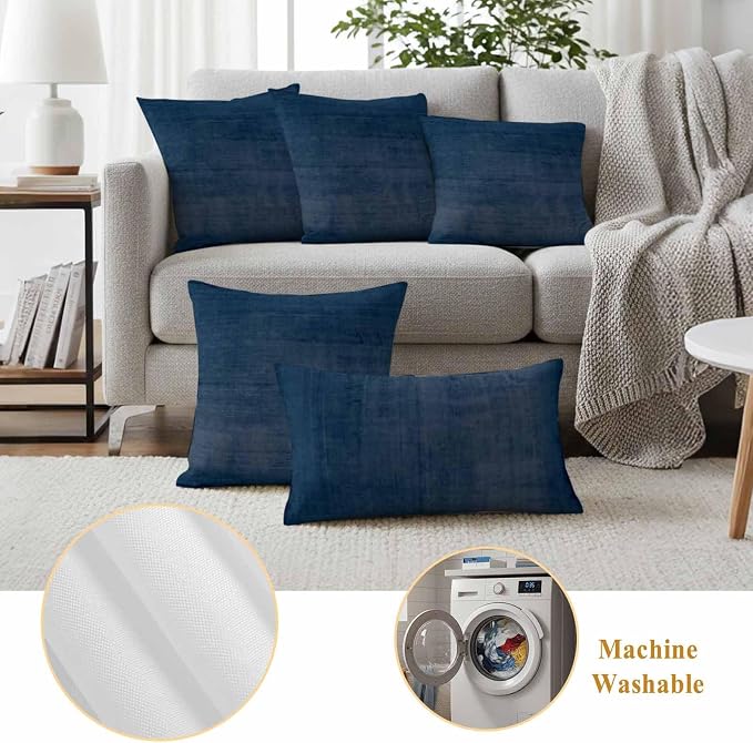 Vandarllin Outdoor Throw Pillows Covers 16x16 inch Set of 2 Waterproof Navy Blue Linen Decorative Zippered Cushion Covers for Patio Furniture, Solid Color Texture Lumbar Pillowcases
