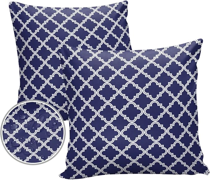 Outdoor Waterproof Pillow Covers for Patio Moroccan Pattern Decorative Throw Pillow Cover Geometric Trellis Navy Blue Pillowcases Set of 2 Cushion Case for Sofa Couch Chair Home Decor 18x18 inch