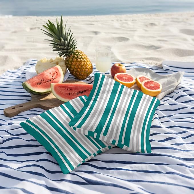 Teal Grey Stripe Outdoor Pillow Covers 24x24 Inch Throw Pillow Covers Set of 2 Waterproof Decorative Pillow Cases Farmhouse Minimalist Striped Cushion Covers for Patio Furniture Garden Couch Sofa