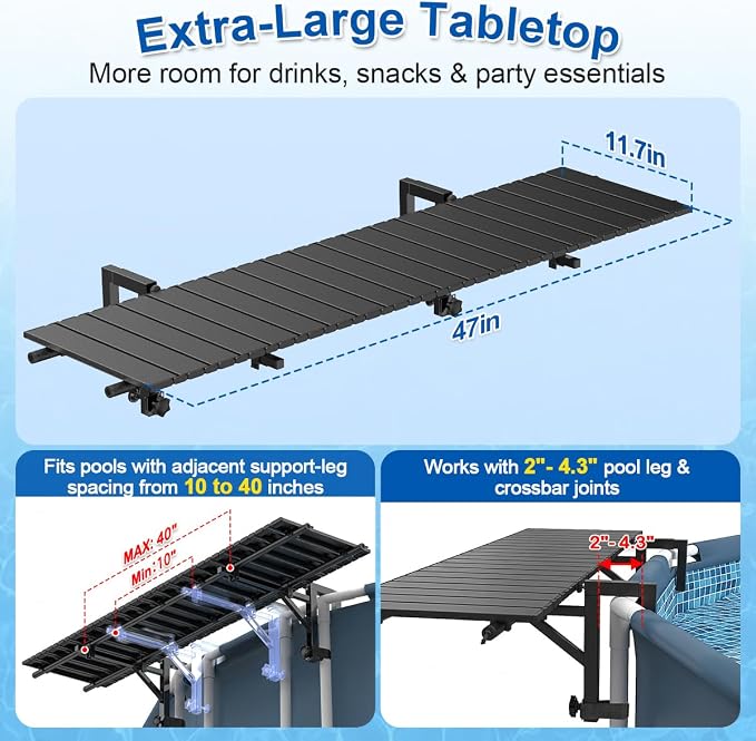 Above Ground Pool Bar, 47" x 11.7" Black Pool Bar Table for Round Above Ground Pools, Stainless Steel Frame, Aluminum Tabletop, UV & Pool Chemical Resistant, Holds 150 lbs