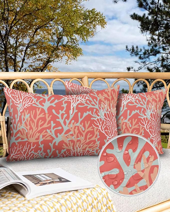 Pack of 2 Outdoor Pillow Covers 20x12 Waterproof Orange Ocean Coral Throw Pillow Covers, Decorative Pillowcases Nautical Coastal Summer Beach Cushion Covers for Patio Garden Couch Pillow Case