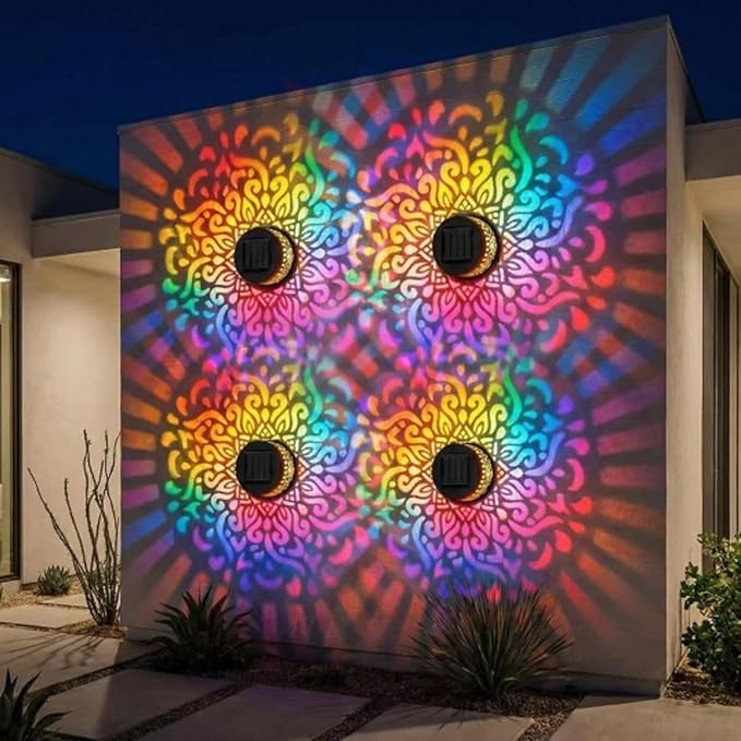 Lscsdf Seven-Color Changing Solar Mandala Projection Wall Light Decorative Solar Mandala Lights Outdoor Waterproof Metal Fence Lights for Yard Garden Post Patio Backyard Decor (2pcs)